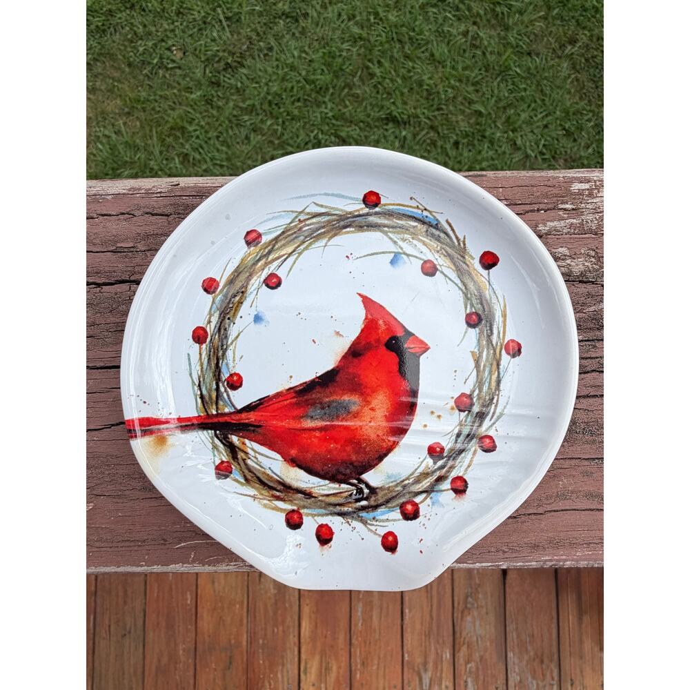 DEMDACO Dean Crouser Cardinal Holly Wreath Ceramic Spoon Rest Winter Christmas